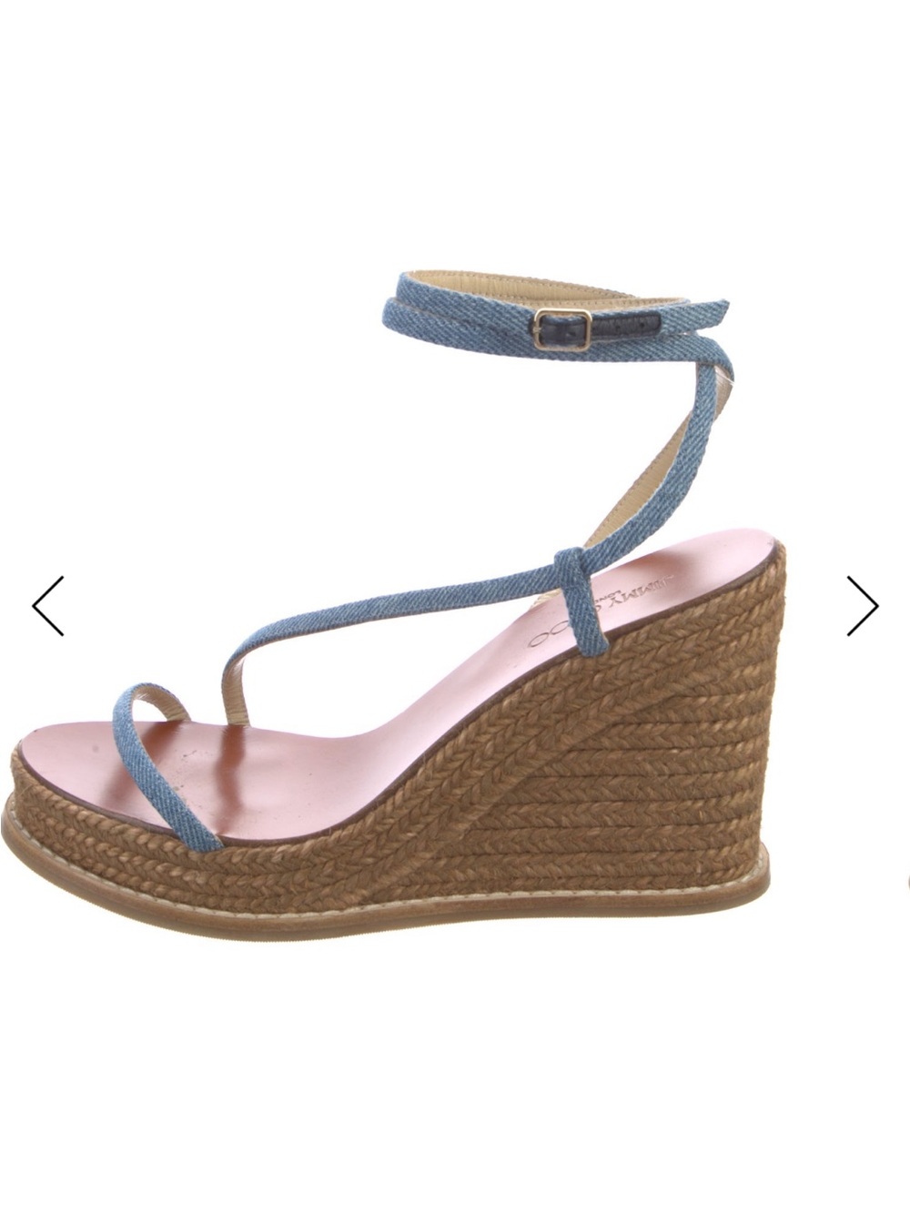 Jimmy Choo Denim Blue Strappy Wedge Sandal with Pink Insole